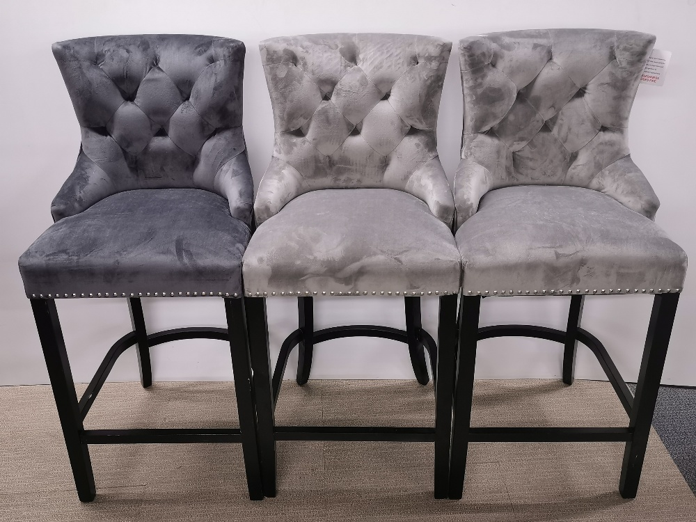 Three grey velvet upholstered high kitchen/bar chairs, one slightly different shade velvet. H.