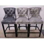 Three grey velvet upholstered high kitchen/bar chairs, one slightly different shade velvet. H.