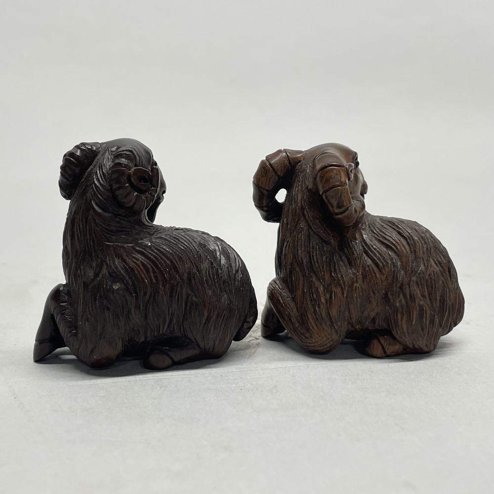 Two Chinese carved wooden netsuke of rams, H. 4.5cm. - Image 2 of 3