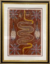 A large framed and signed Aboriginal watercolour on artist's paper, frame size 77 x 98cm.
