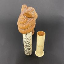 An interesting carved wood and bone Chinese gambling chip container, H. 20.5cm.