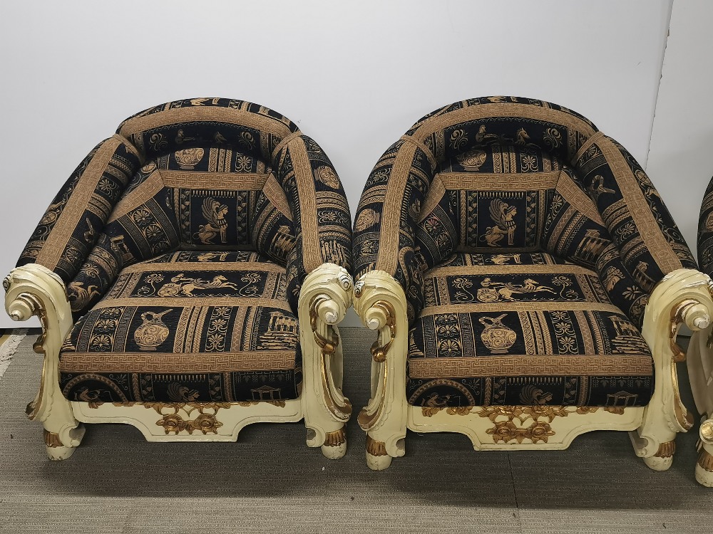 An impressive re-upholstered empire style carved wooden four piece suite c. 1920, sofa L. 200cm D. - Image 11 of 14