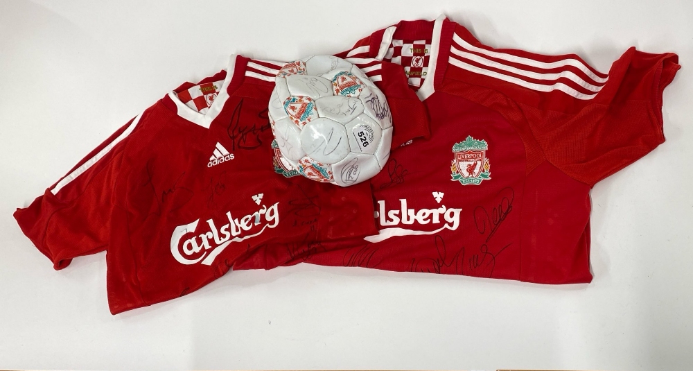 Two signed Liverpool FC shirts and signed football.