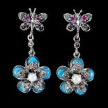 A pair of 925 silver marcasite, turquoise, pearl, ruby, sapphire and emerald set butterfly shaped