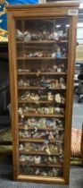 A pine display case, 85 x 30cm with a large quanity of miniature contents.