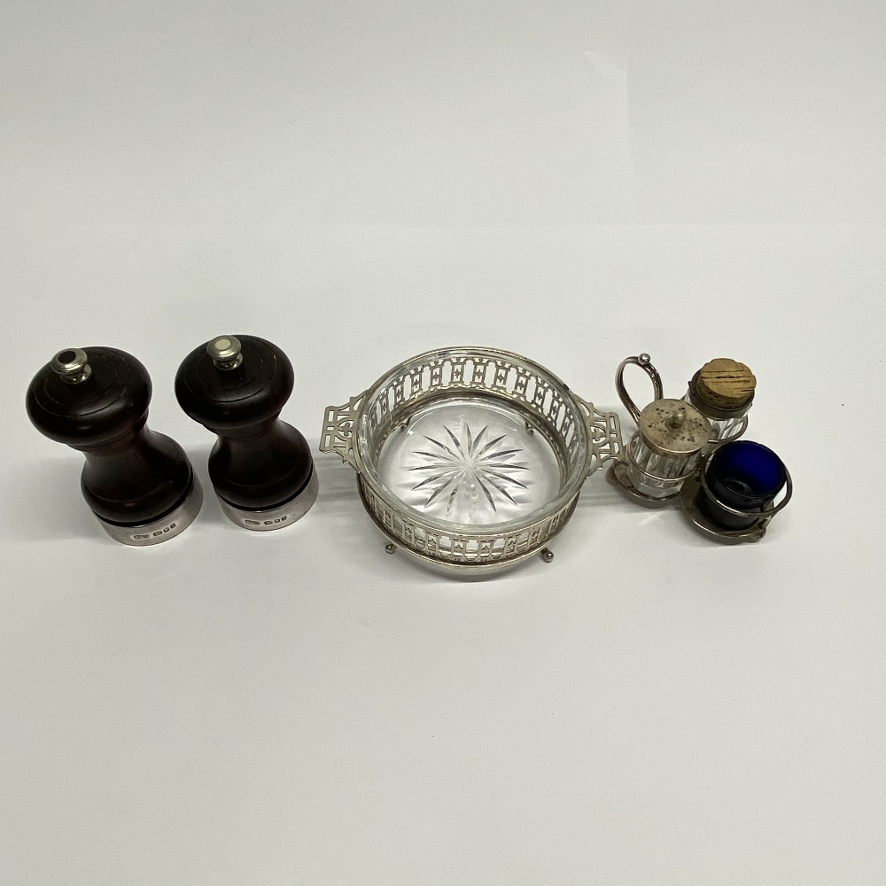 A hallmarked silver and cut glass dish, a pair of hallmarked silver and rosewood pepper and salt - Image 2 of 3