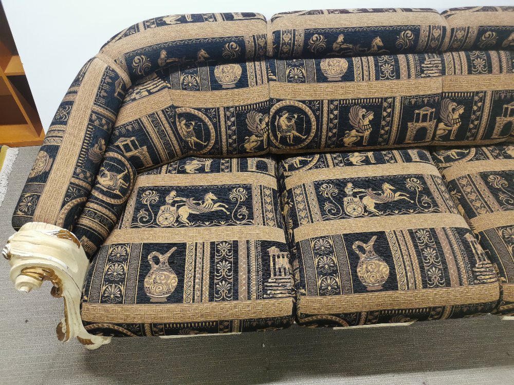 An impressive re-upholstered empire style carved wooden four piece suite c. 1920, sofa L. 200cm D. - Image 3 of 14