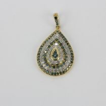 A 9ct yellow gold pear shaped pendant set with white and blue diamonds, L. 2.6cm.