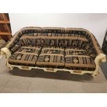 An impressive re-upholstered empire style carved wooden four piece suite c. 1920, sofa L. 200cm D.