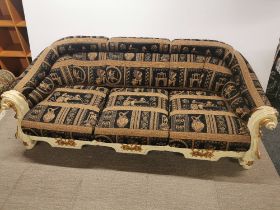 An impressive re-upholstered empire style carved wooden four piece suite c. 1920, sofa L. 200cm D.