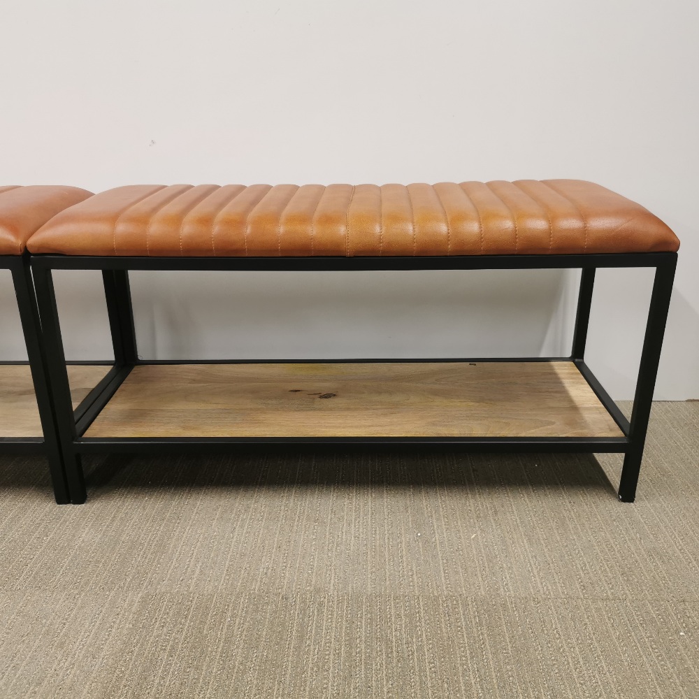 A pair of brown leather and metal hall benches with wooden shelf underneath, 90 x 45 x 35cm. - Image 3 of 5