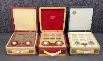 A group of three cased Vidor transistor radios.