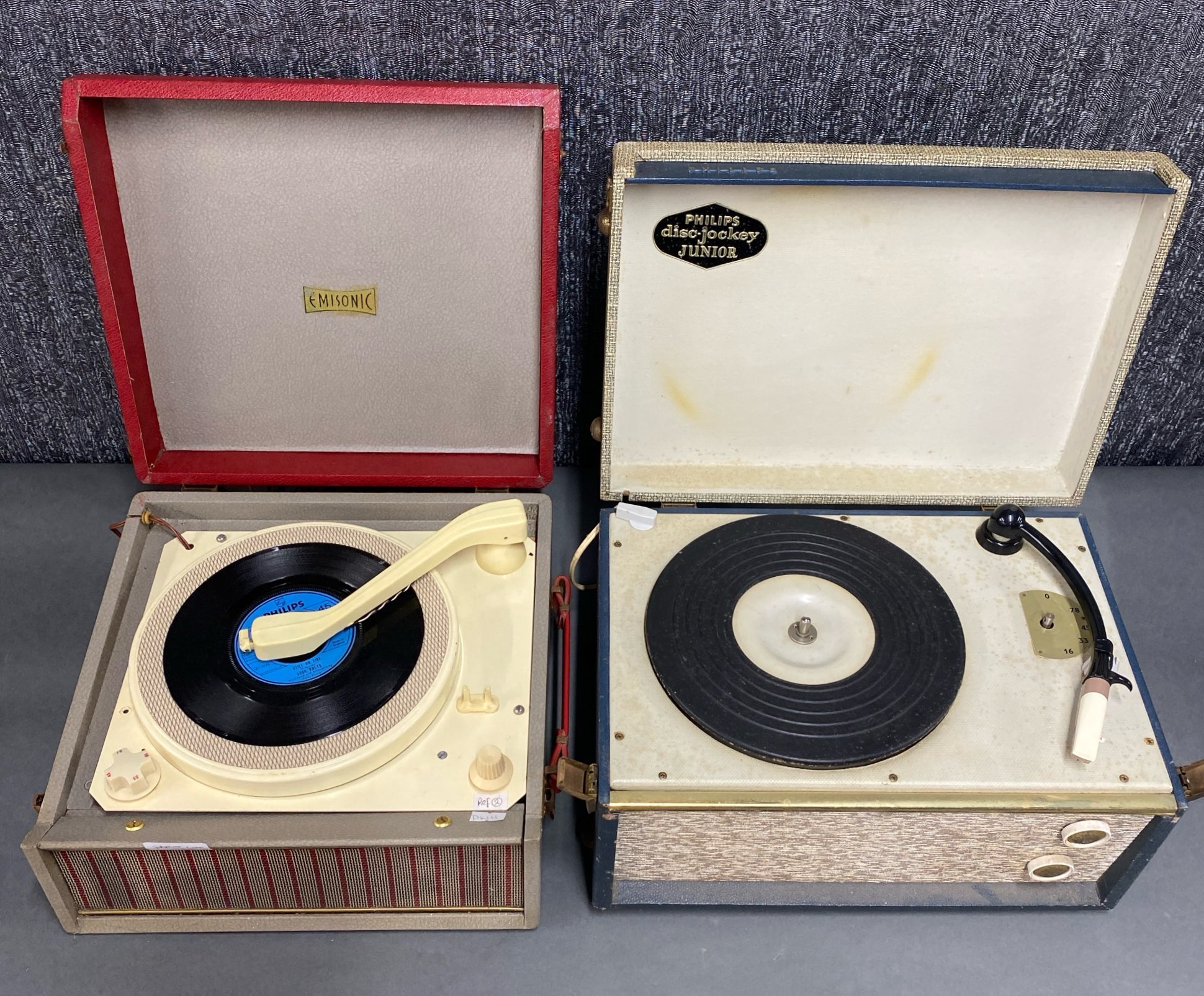 A portable Emisonic record player together with a Philips disc jockey junior portable record pla - Image 2 of 2