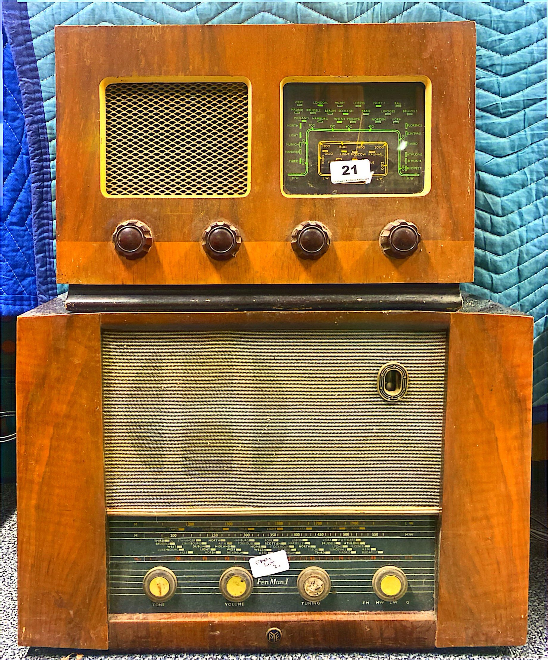 A group of two early wooden valve radios including Etronic and Pye Fen Man 1.
