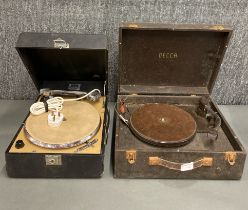 A group of two Decca portable record players.