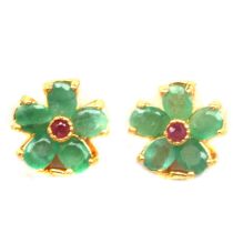 A pair of gold on 925 silver flower shaped earrings set with rubies and emeralds, Dia. 1cm.