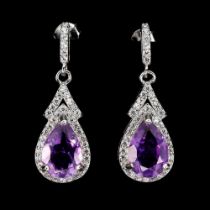 A pair of 925 silver drop earrings set with pear cut amethysts and white stones, L. 2.8cm.