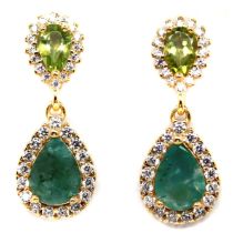 A pair of gold on 925 silver drop earrings set with pear cut peridots and emeeralds, L. 2.4cm.