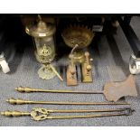 A 19thC hammered brass gothic style centrepiece with a brass porch light and a group of fireside