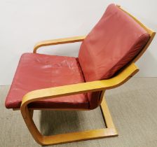 A red leather and laminate wood poang chair, H. 80cm W. 70cm.