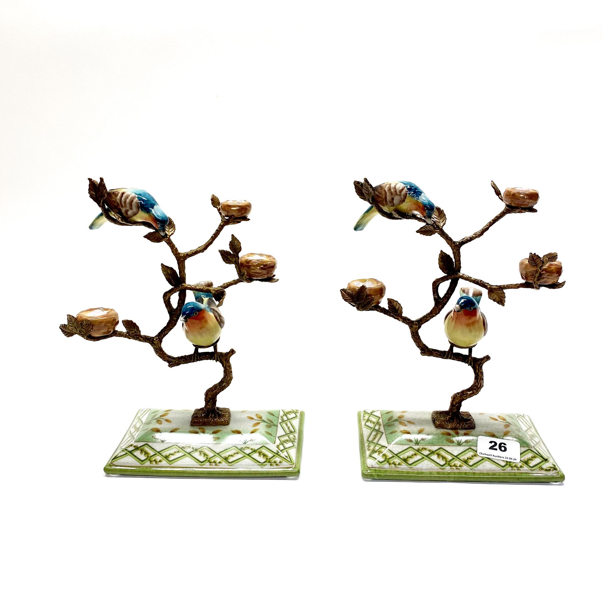 A pair of continental porcelain and ormolu figures of birds on branches. H. 27cm - Image 2 of 4