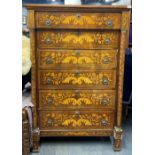A superb 19thC marquetry decorated mahogany veneered six drawer chest W. 101cm x H. 158cm x Dep.