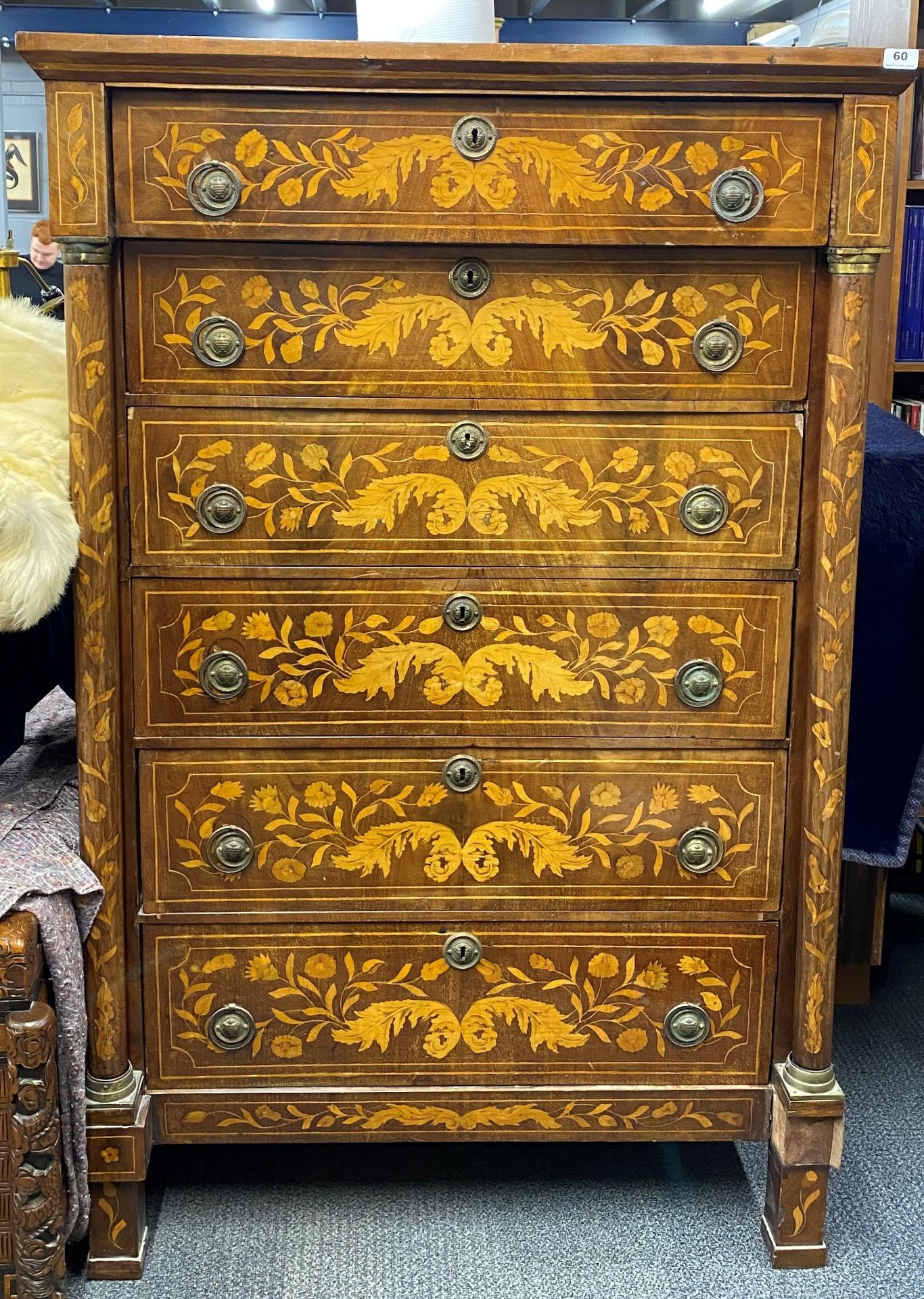 A superb 19thC marquetry decorated mahogany veneered six drawer chest W. 101cm x H. 158cm x Dep.