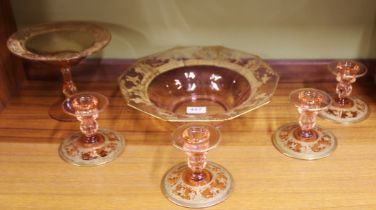 A group of six Bohemian gilt glass table items, bowl Dia. 32cm.