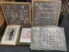 Two framed sets of cigarette cards and two further mounted pictures.