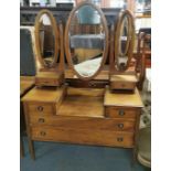 An inlaid mahogany six drawer dressing table and mirrors, overall 170 x 112 x 48cm.