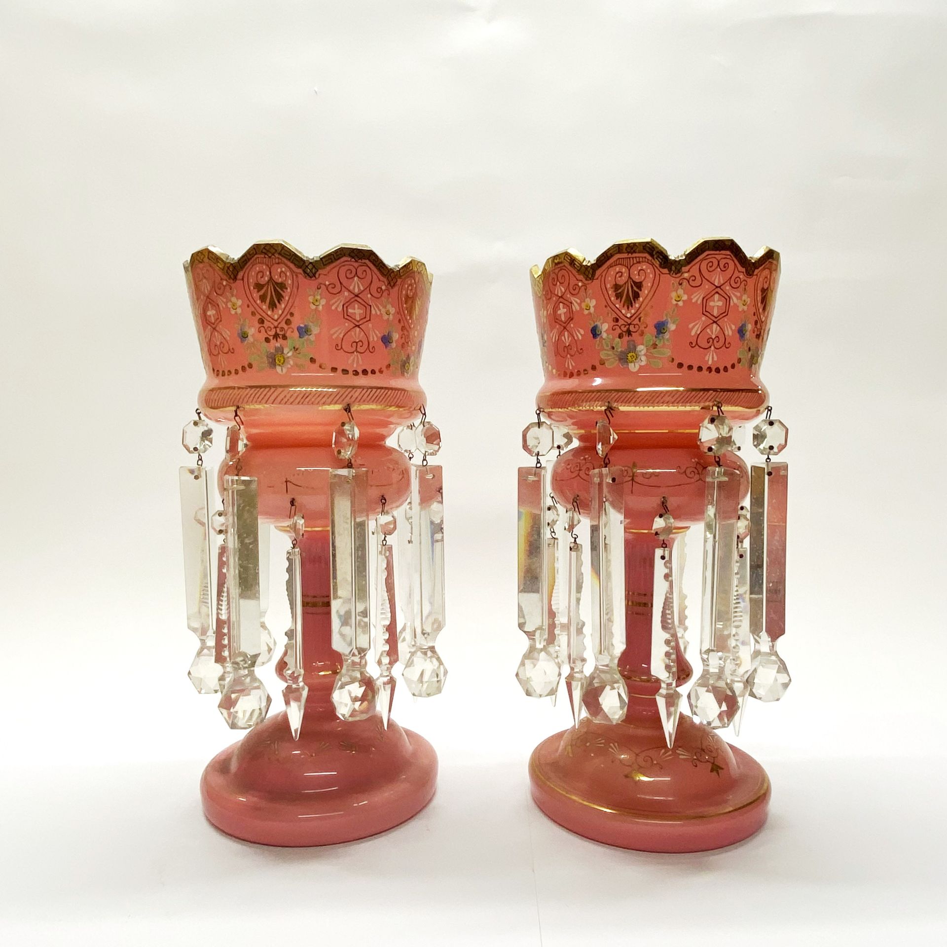 A pair of mid 19thC opaline glass lustres H. 37cm.
