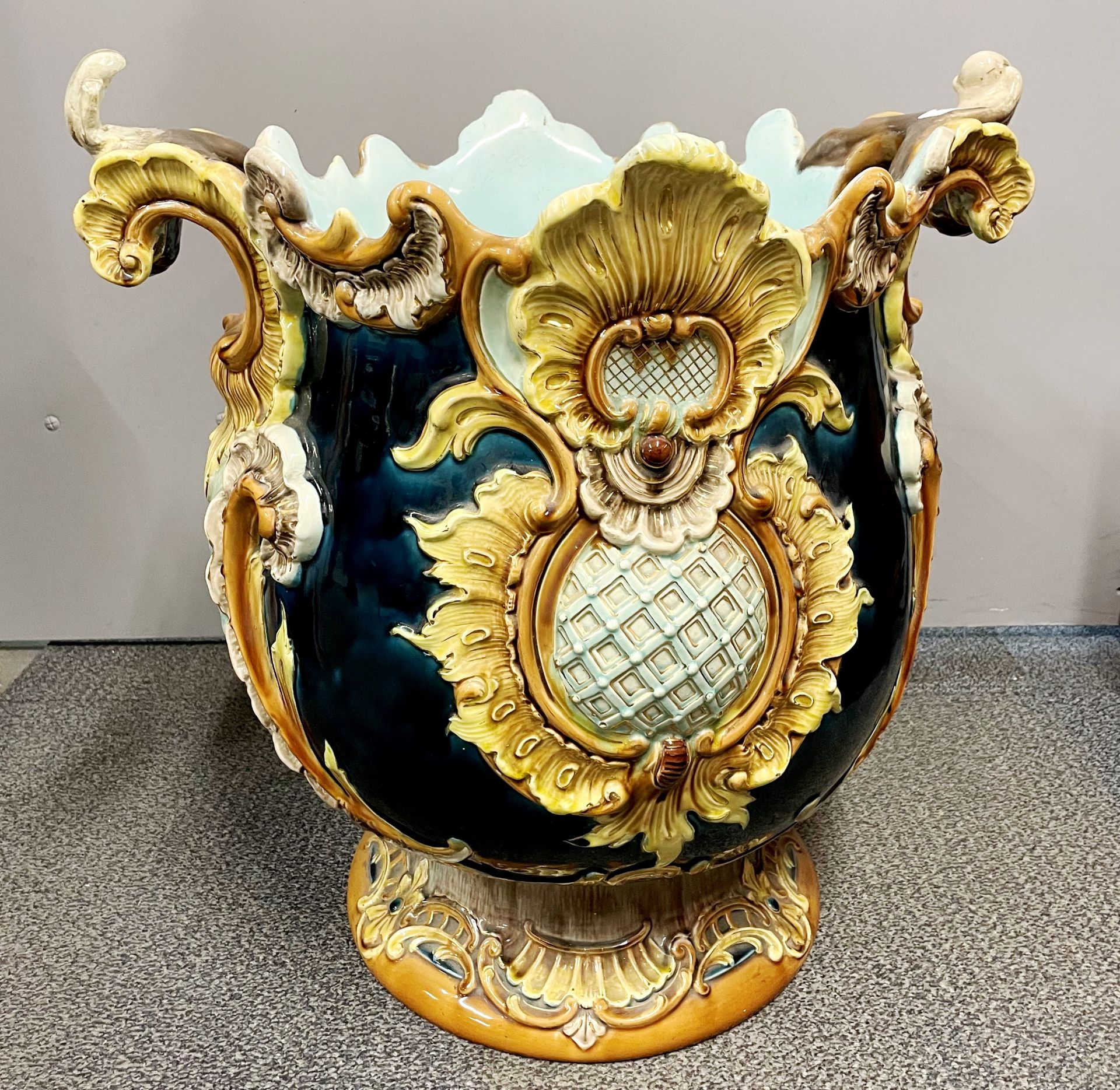 A superb large 19thC majolica style planter, probably Minton, with some cracking to base and