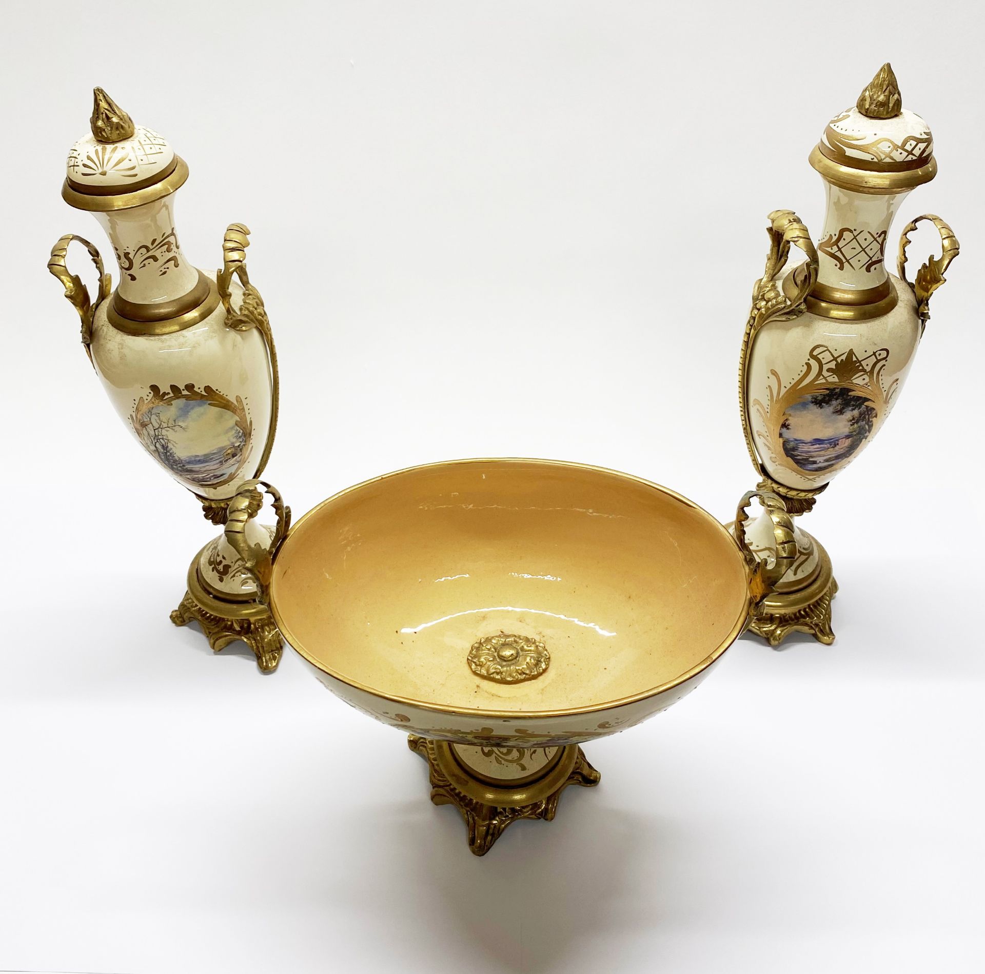 A continental brass mounted porcelain garniture Tallest H. 46cm - Image 2 of 3