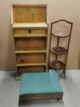 A small pine shelf with a folding mahogany octagonal cake stand and an adjustable oak footstool on