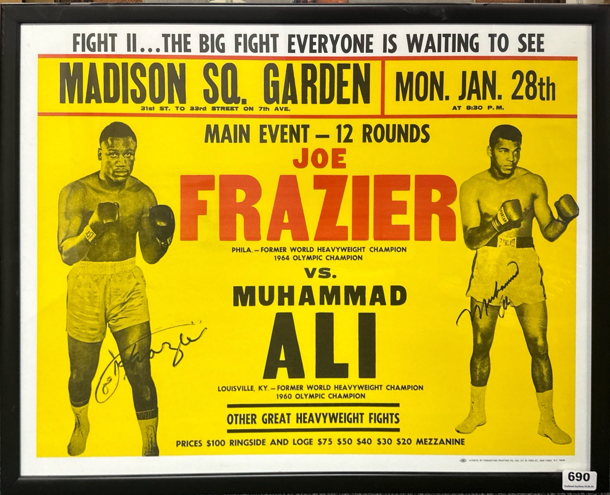 A framed Frazier / Ali boxing poster, frame size 68cm x 53cm.