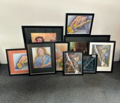 Nine framed prints of musicians, largest 43cm x 53cm.