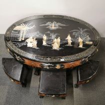 A Chinese black lacquer and mother of pearl coffee table with relief chinoiserie decoration