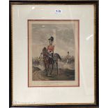 An antique, framed and glazed, 19thC coloured engraving of the 16th Queens lancers published by