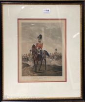 An antique, framed and glazed, 19thC coloured engraving of the 16th Queens lancers published by