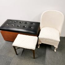 A faux leather and teak veneered ottoman, 94 x 50 x 45cm together with a white painted Lloyd Loom