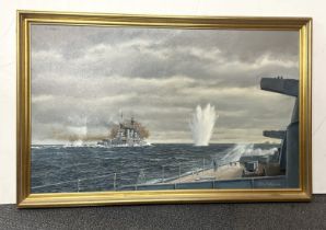 John Cotgrove. A large gilt framed oil on canvas of the battle cruiser HMS Hood in combat with the