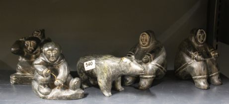 A group of five Inuit soapstone items including a pair of bookends, tallest H. 15cm.
