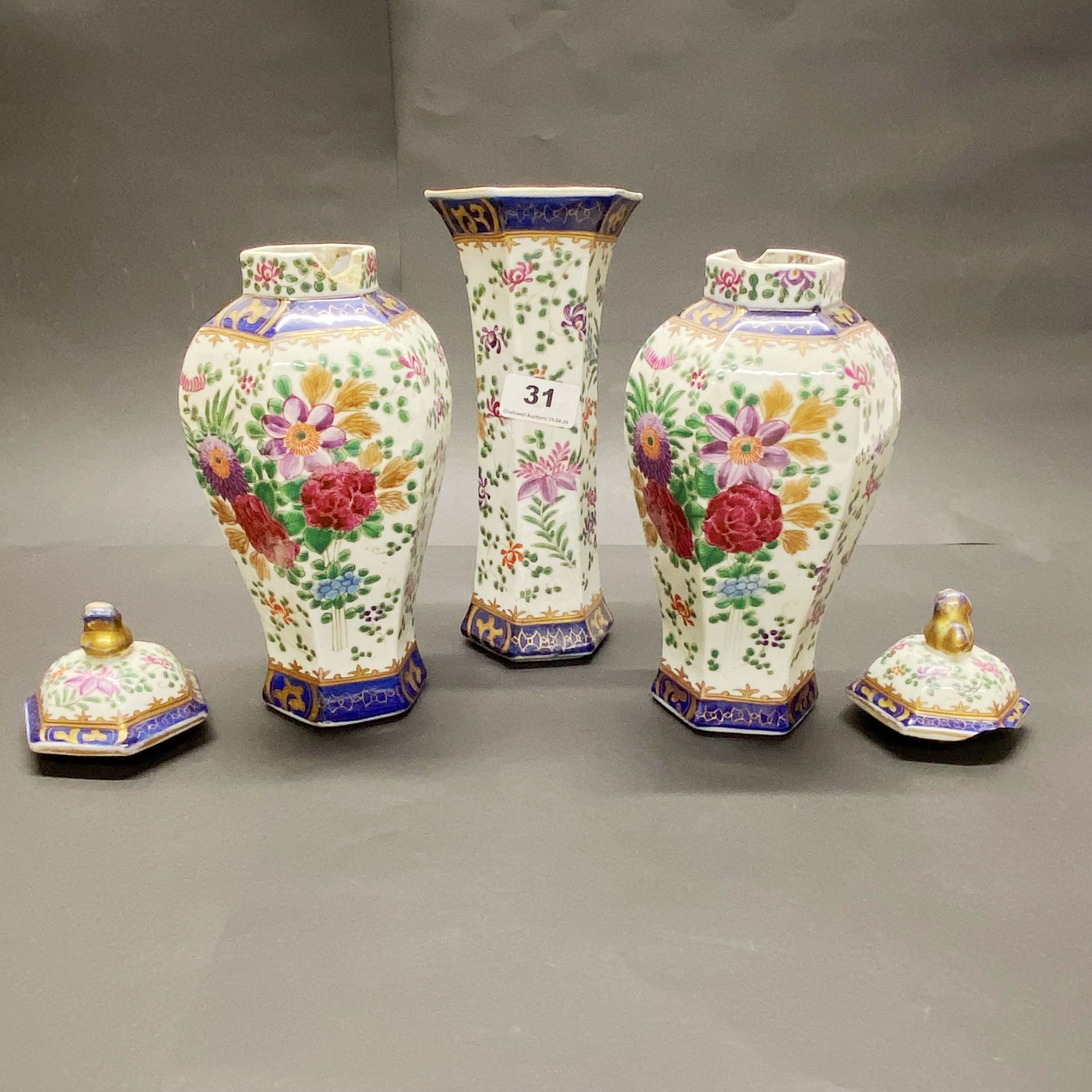 A 19thC Chinese porcelain garniture together with a large 19thC Chinese porcelain vase (exstensively - Image 3 of 5