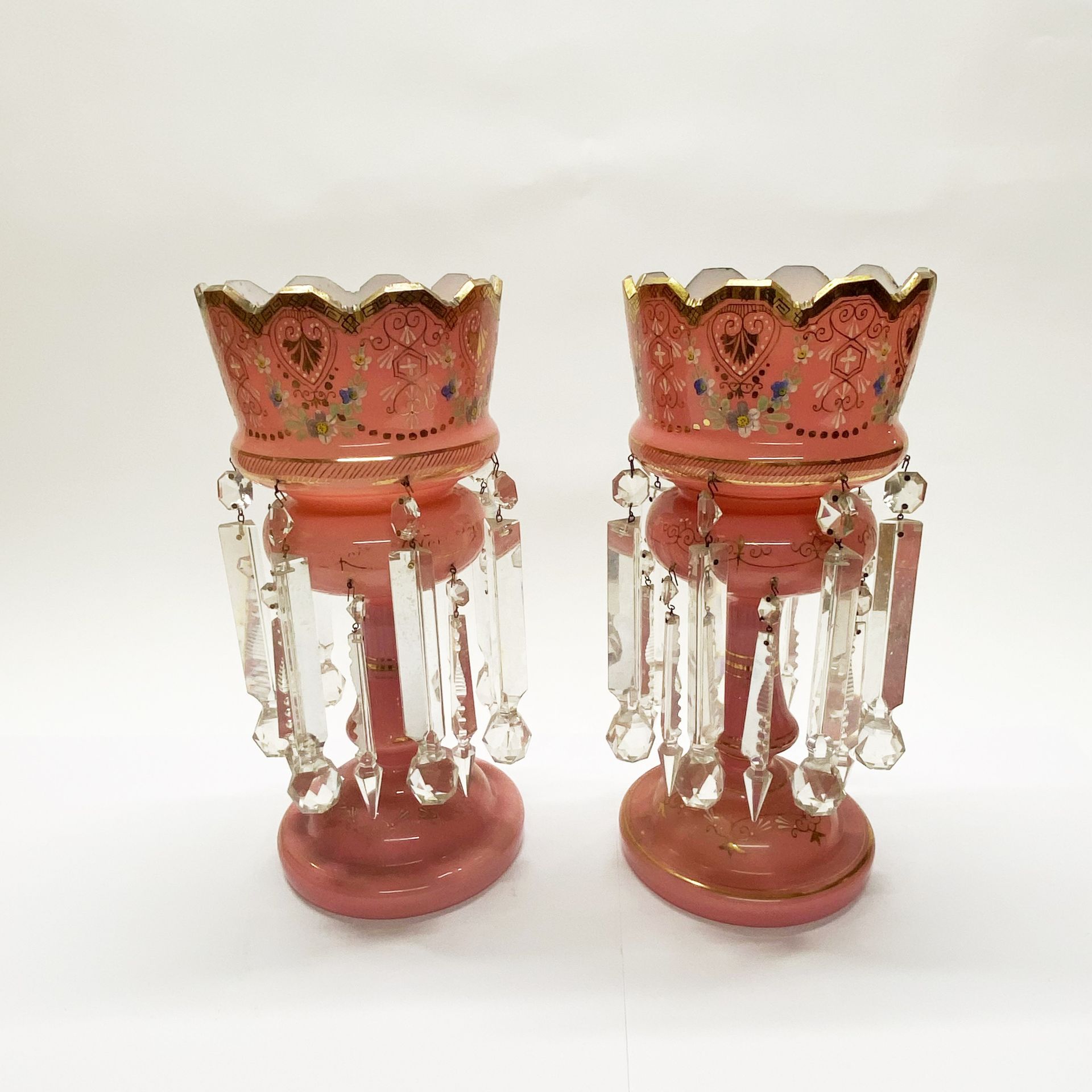 A pair of mid 19thC opaline glass lustres H. 37cm. - Image 2 of 3