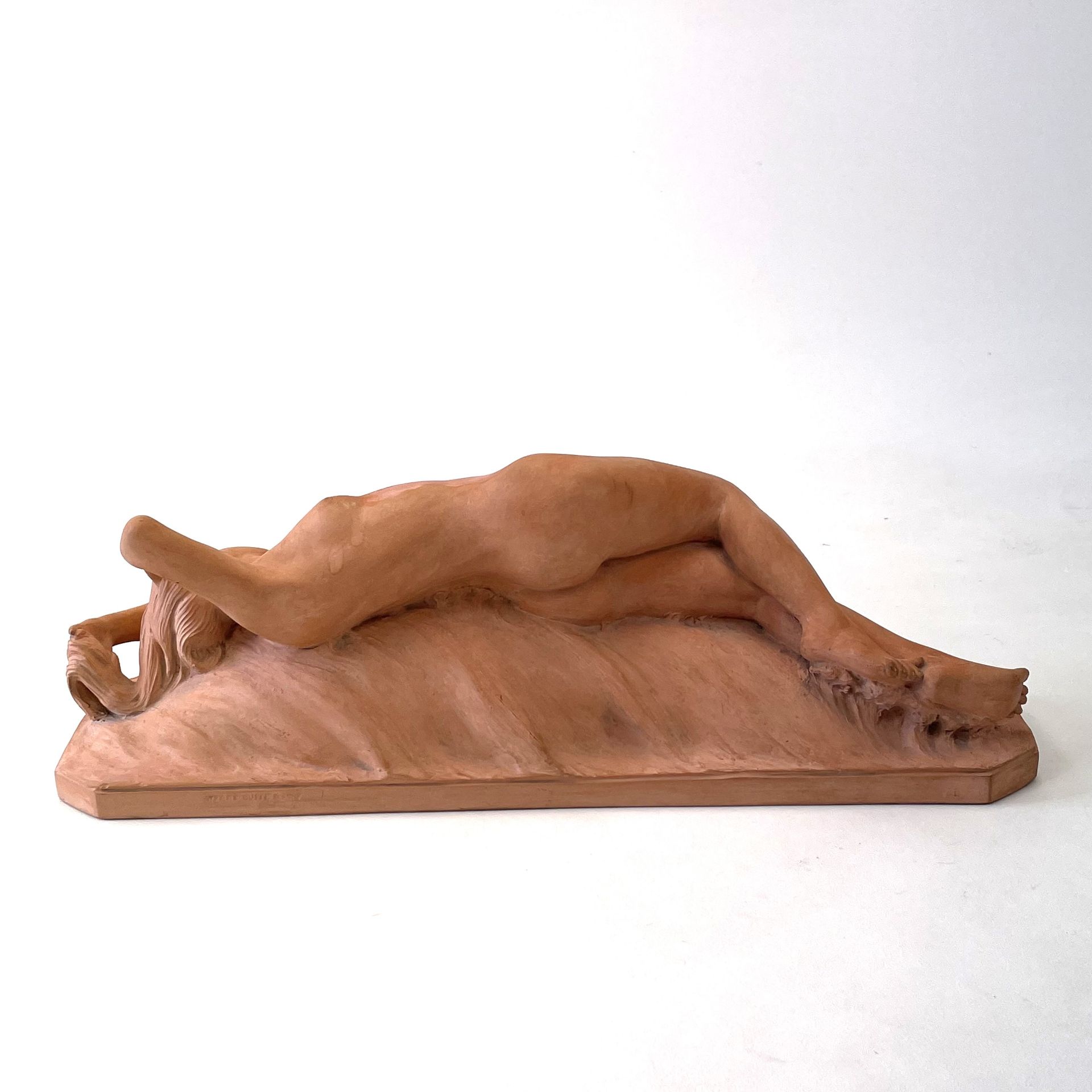 An early 20thC French terracotta sculpture of a naked female figure stamped verso "Terre cuite d' - Image 2 of 4