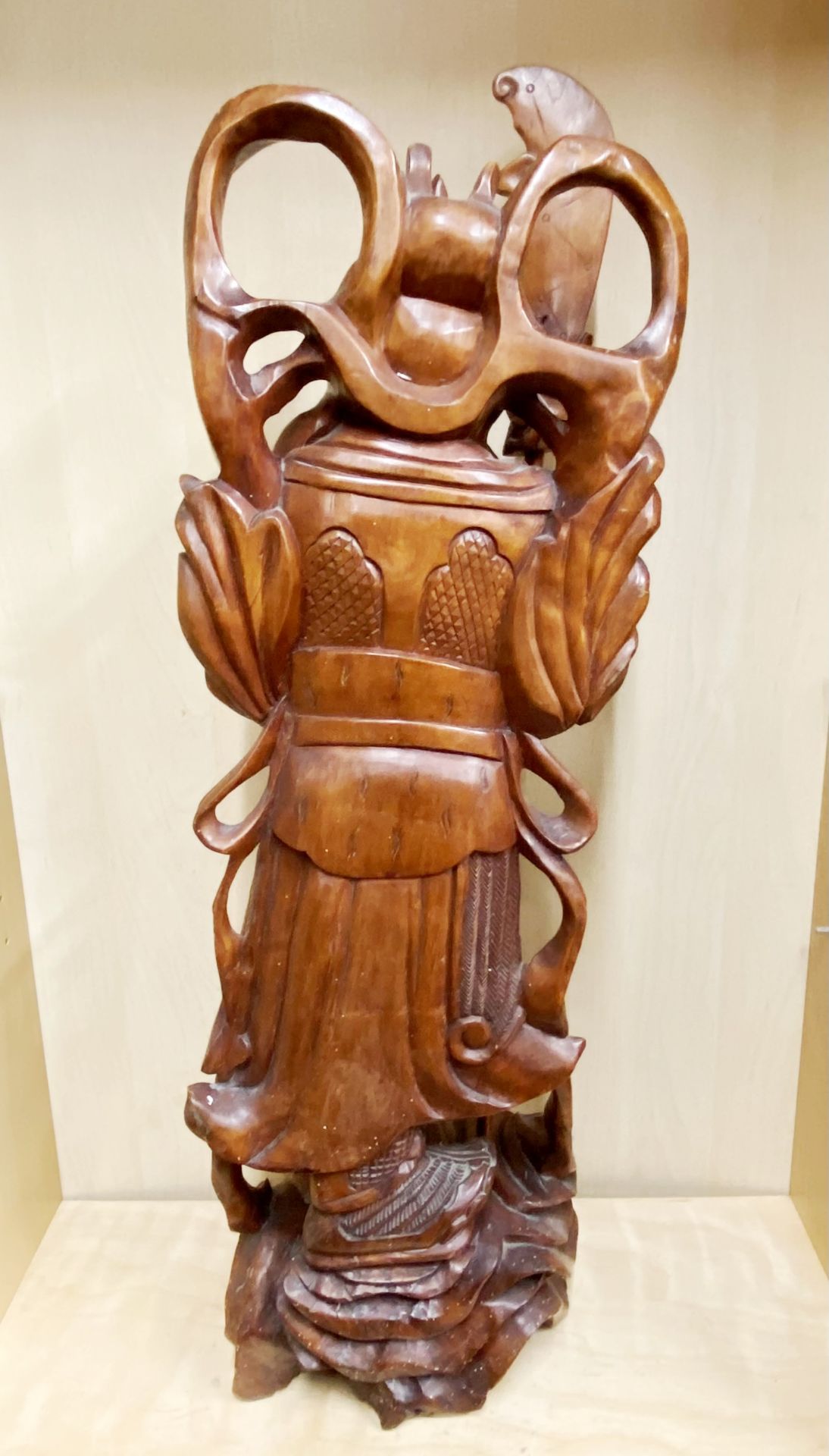 A large Chinese carved wooden figure with glass eyes H. 75cm - Image 2 of 2