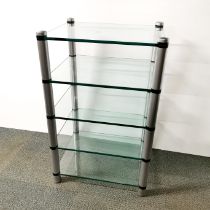 A five section plate glass and metal Hi-Fi stand, 87 x 55 x 45cm.