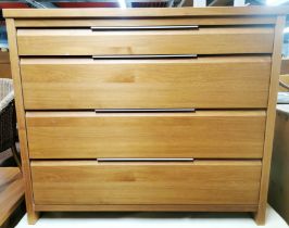 A modern teak effect chest of drawers with metal handles, 98 x 85 x 43cm together with a pair of