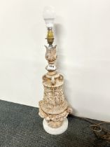 An interesting cast metal and marble table lamp base, H. 51cm.