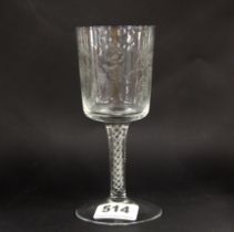 A Venetian etched air twist wine glass, H. 17cm.
